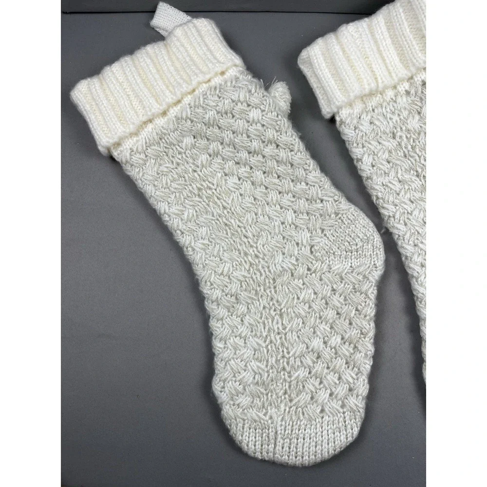 Vintage Pier 1 Christmas Stocking White Crochet Knit w/ Pom Poms NWT lot of 2